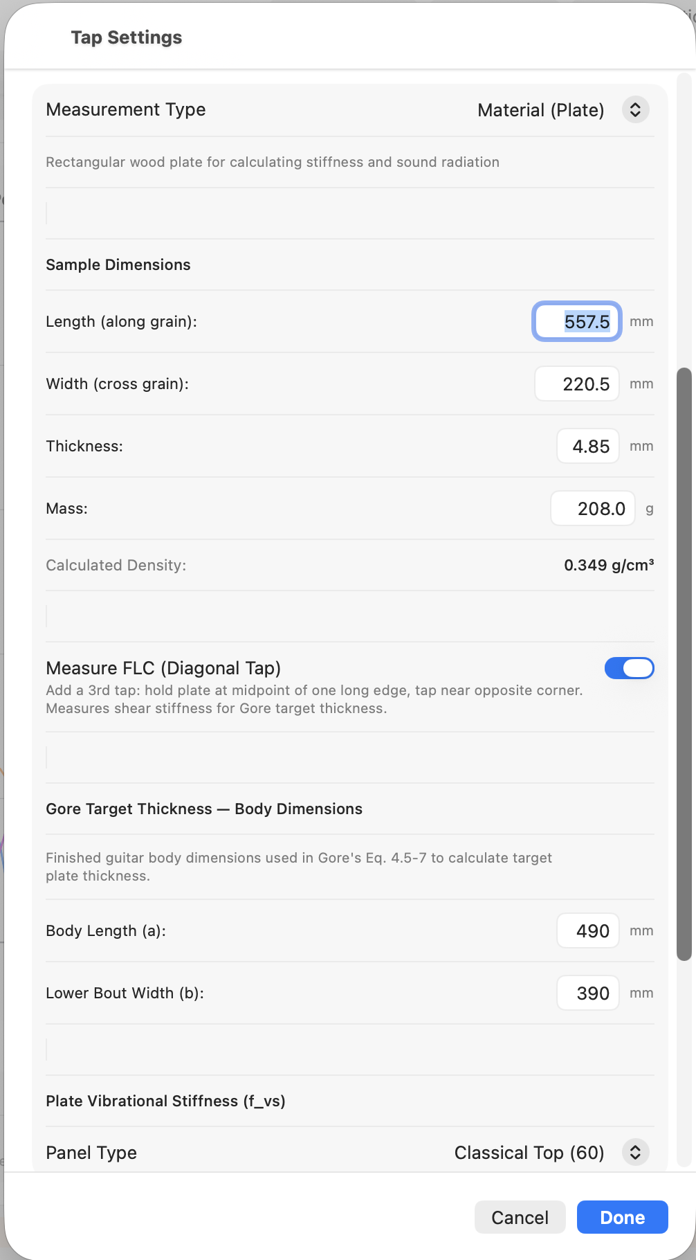 Settings sheet with the Plate measurement type selected — dimensions, density preview, body inputs, stiffness preset, and Measure FLC toggle.