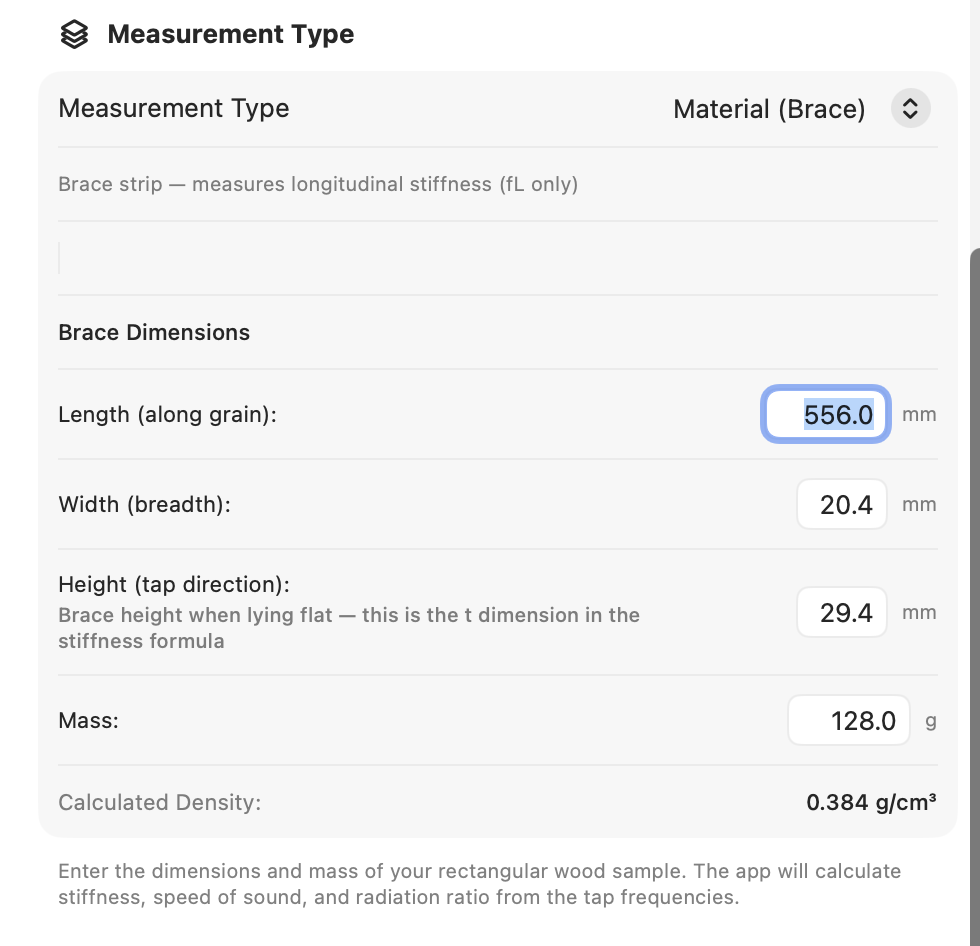 Settings sheet with Measurement Type set to Brace — Length, Width, Height, and Mass fields with calculated density preview.