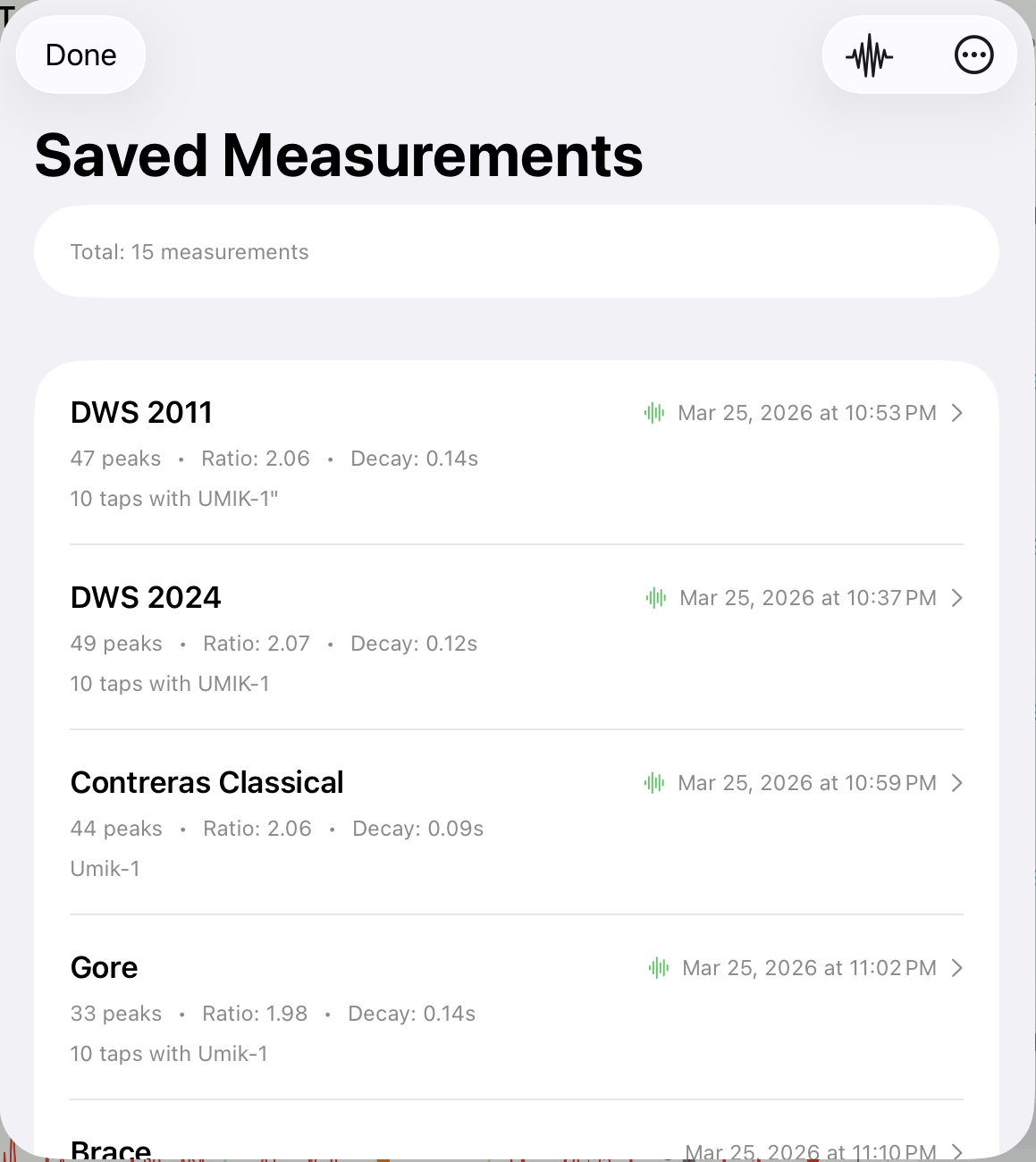 Saved Measurements dialog on iOS — Import Measurement and Delete All live inside the ellipsis menu in the upper-right.