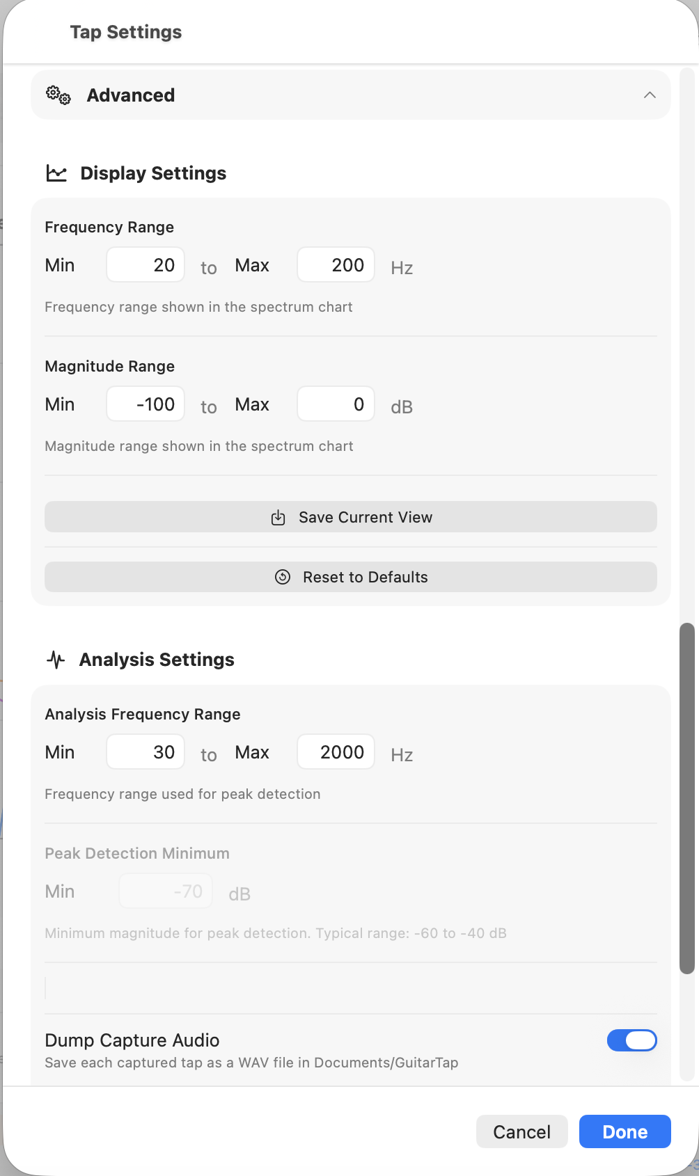 Advanced section of Settings showing Display Settings and Analysis Settings sub-sections.